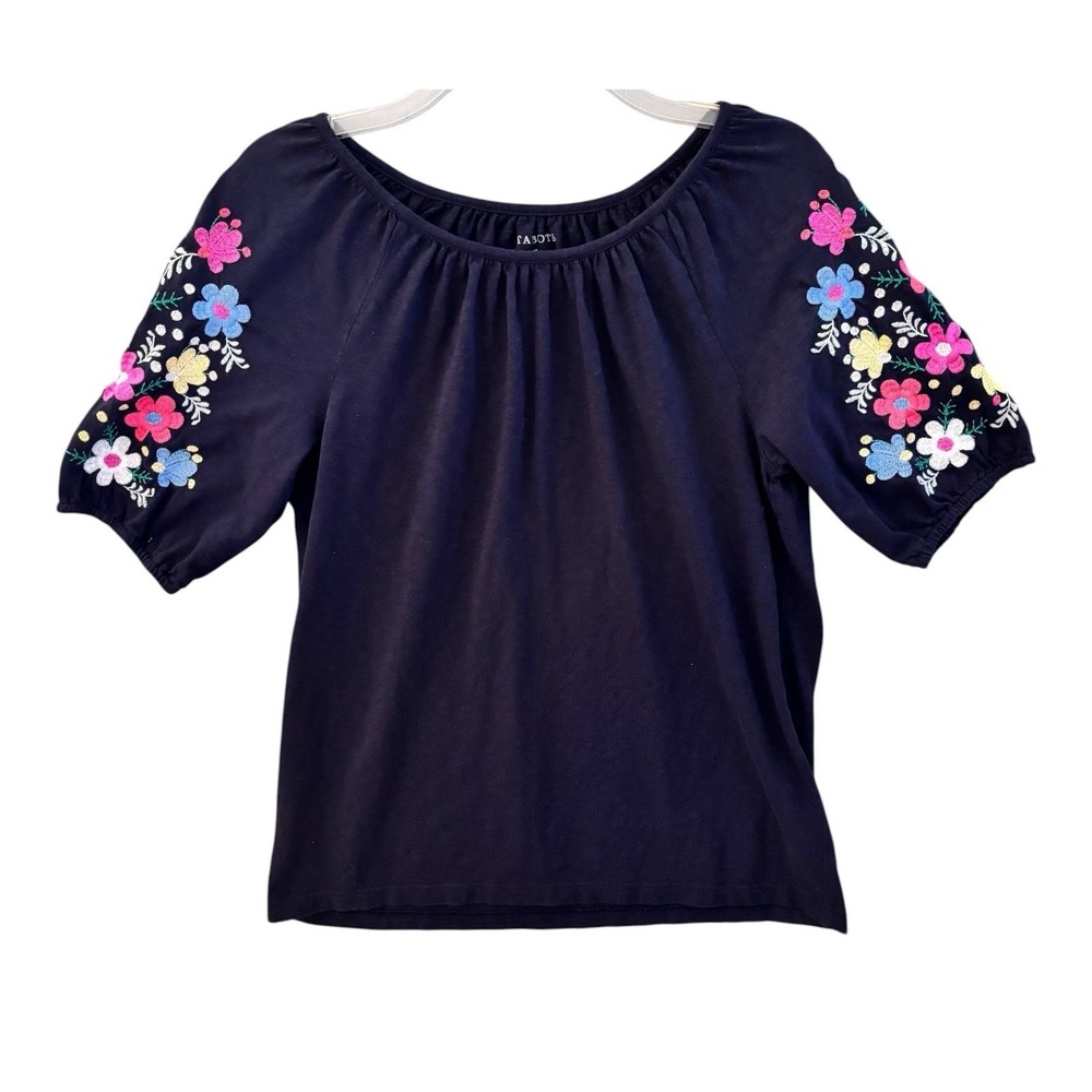 Talbots Top Women XS Navy Embroidered Floral Cottagecore Cotton Modal Blouse